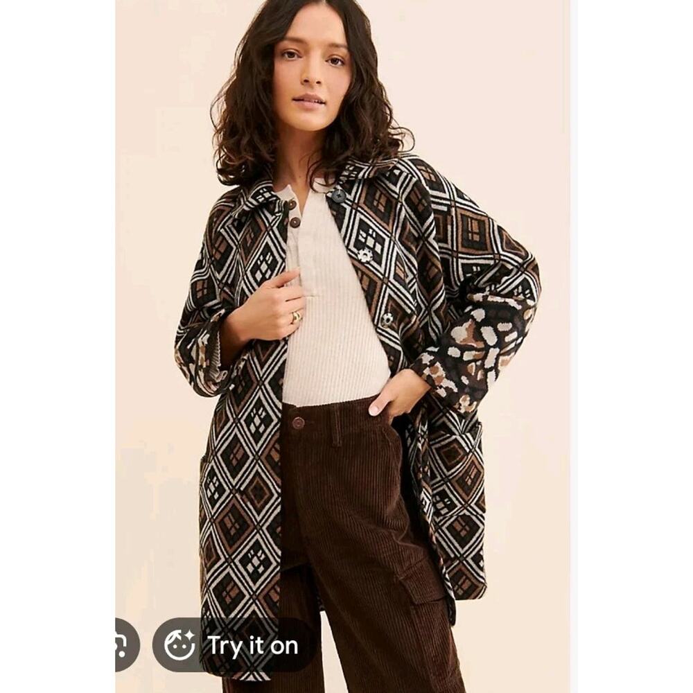 Anthropologie Field Flower Geo 100% Wool Sweater Coat Size XS